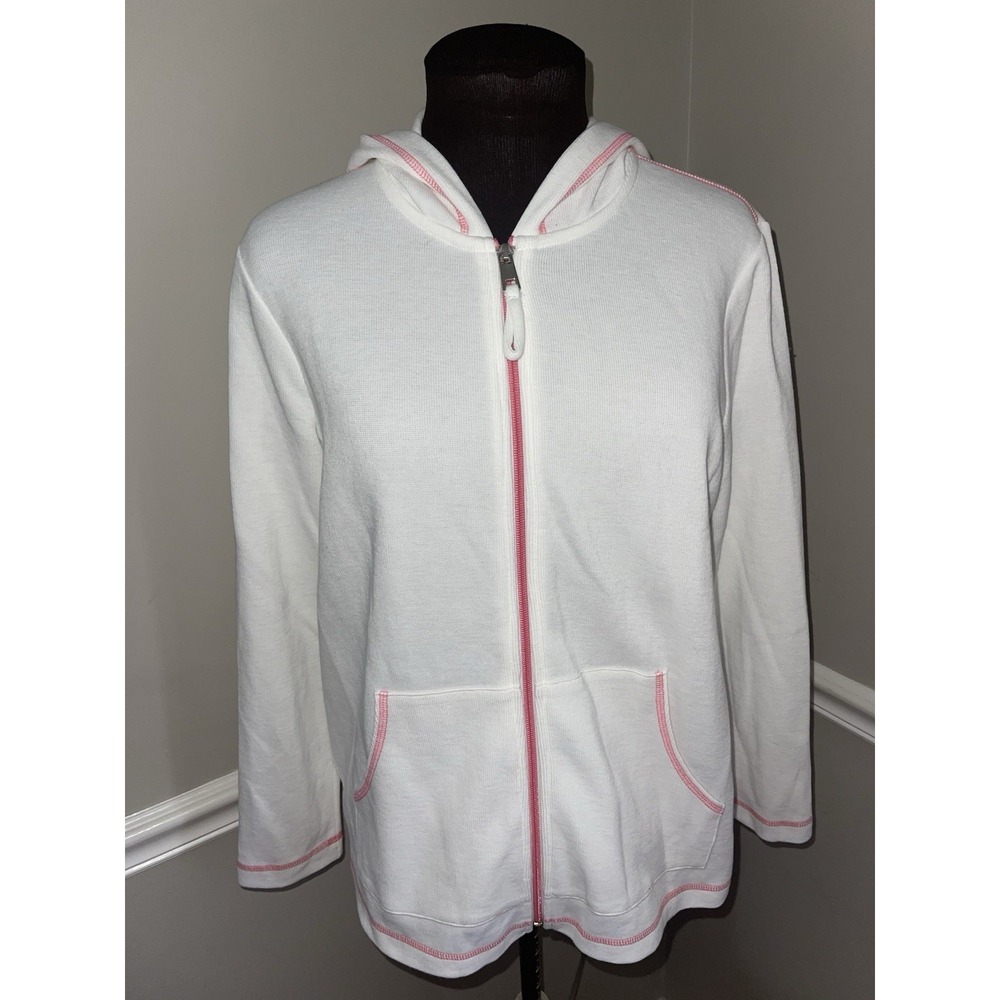 Weekends By Chicos Zip Up Hooded Sweatshirt Chicos Sz 1 White Pink Athleisure